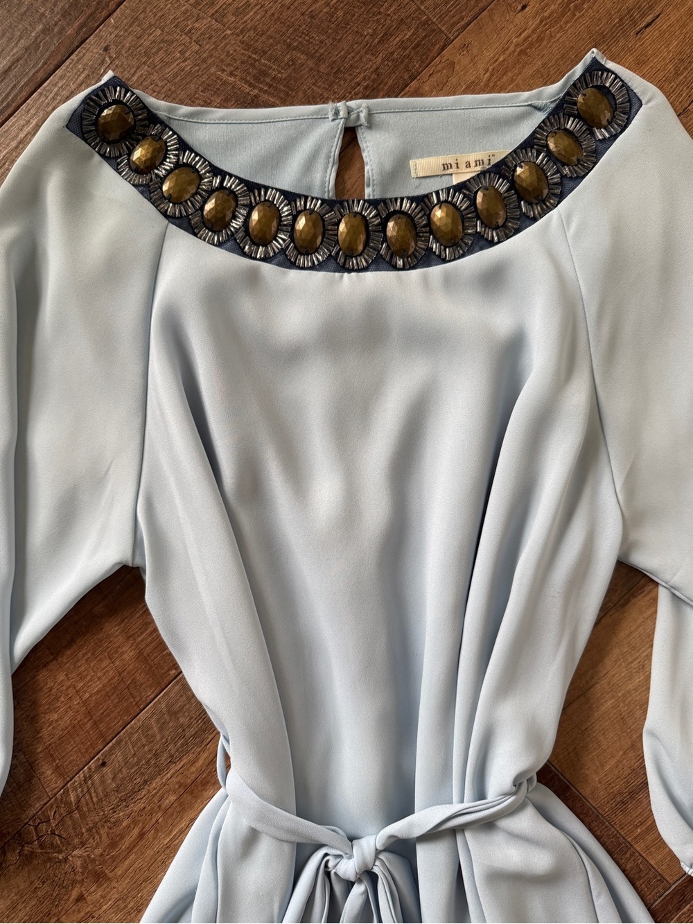 miami Light Blue Embellished Neck Tie-Waist Mini Dress - Picture 8 of 11